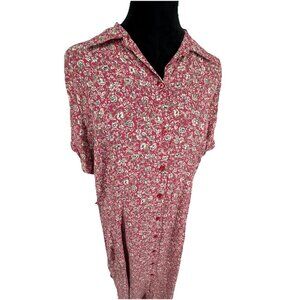 Cherokee Button Up Maxi Dress Short Sleeve Floral Red Women Size L Vintage 90s